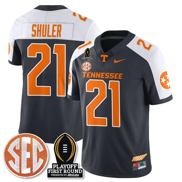 Personalized TV Football Jersey - Playoff First Round Patch - Navy Shuler / Grey Alternate Stitched