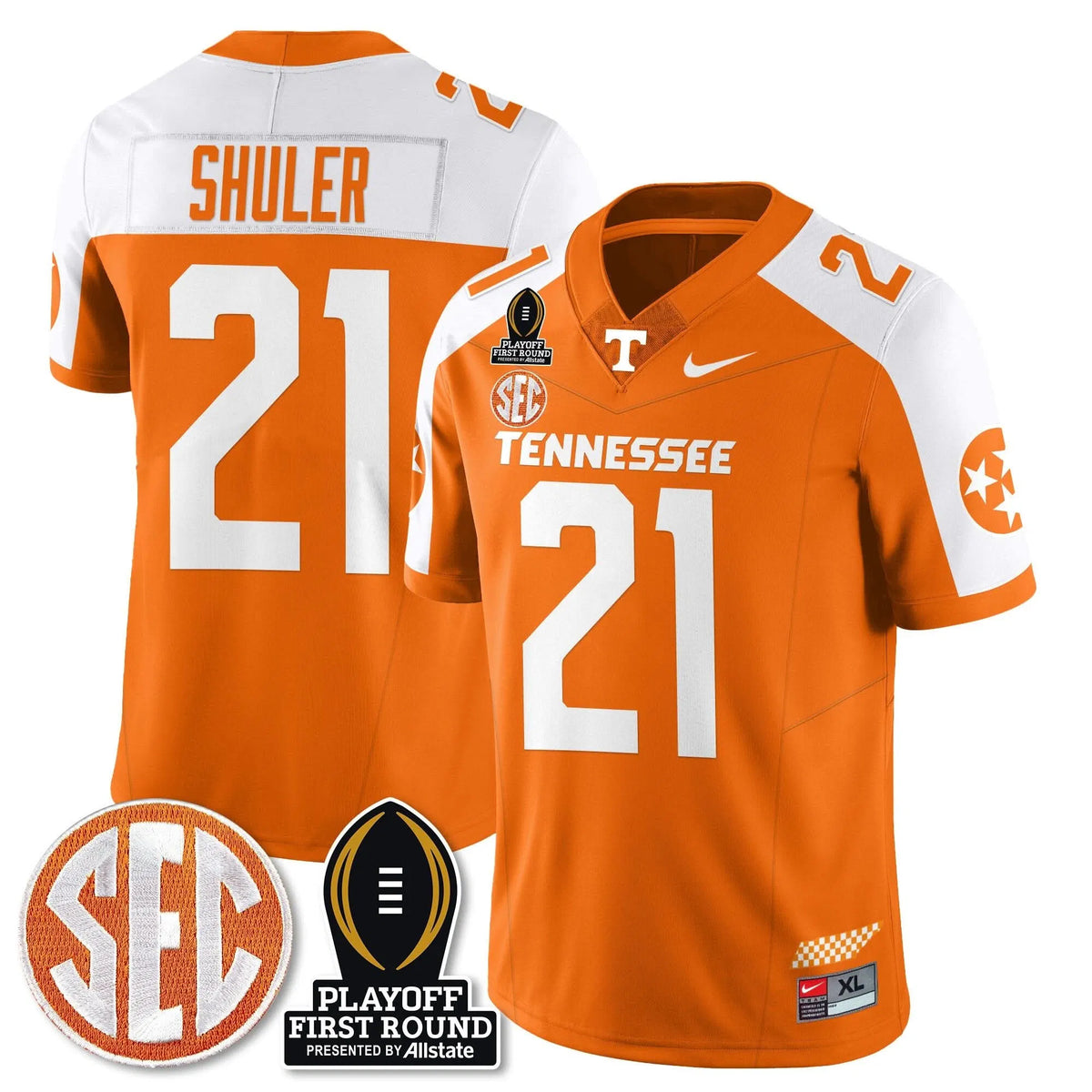 Personalized TV Football Jersey - Playoff First Round Patch - Navy Shuler / Orange Alternate Stitched