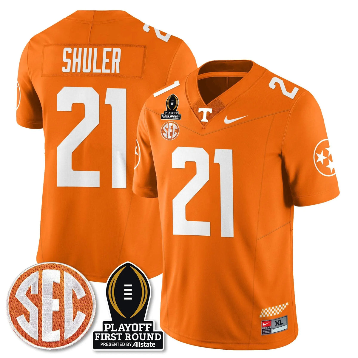 Personalized TV Football Jersey - Playoff First Round Patch - Navy Shuler / Orange Stitched