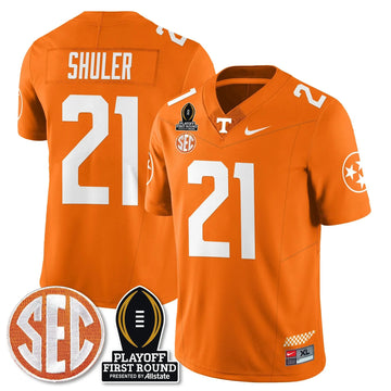 Personalized TV Football Jersey - Playoff First Round Patch - Navy Shuler / Orange Stitched