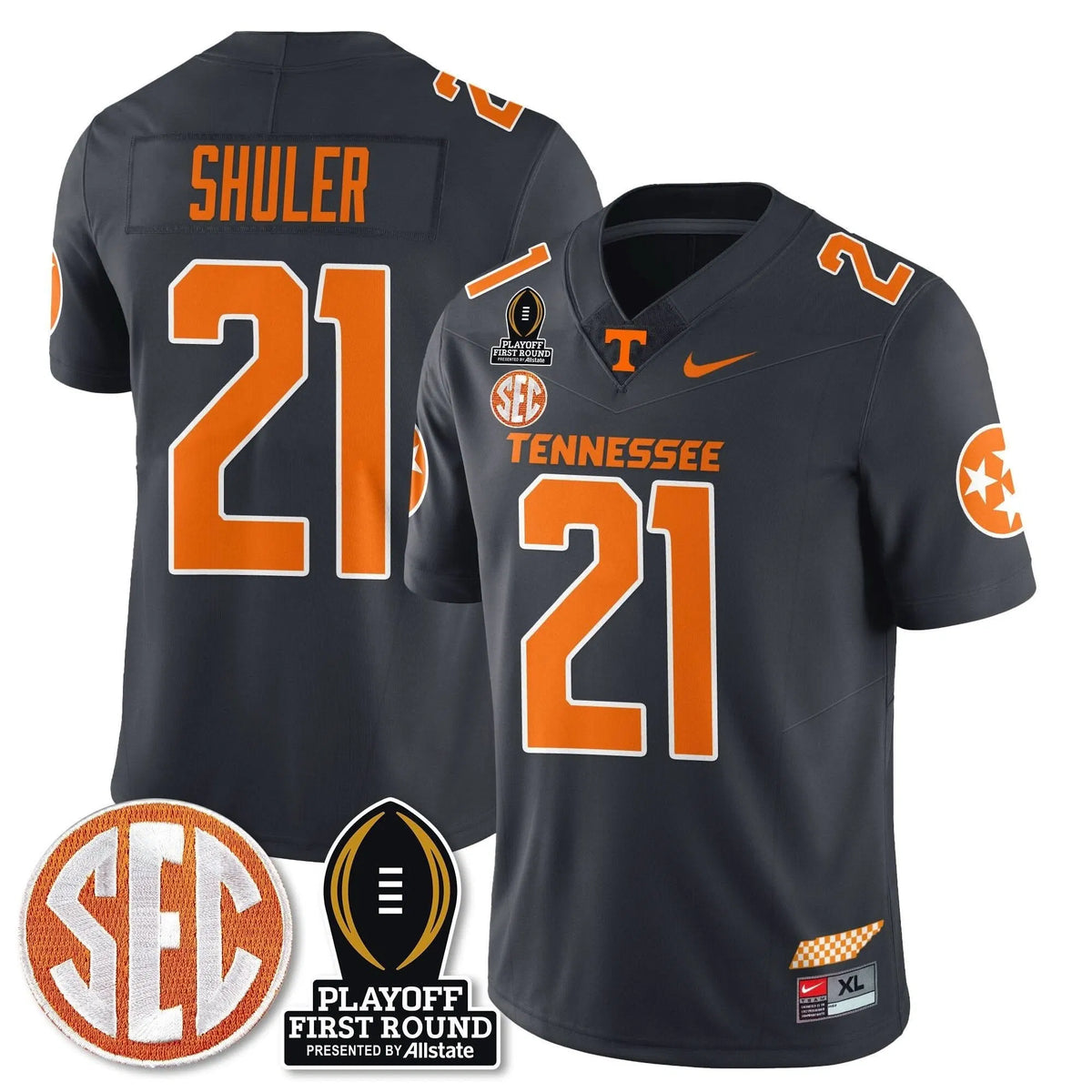 Personalized TV Football Jersey - Playoff First Round Patch - Navy Shuler / Smokey Grey Stitched