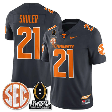 Personalized TV Football Jersey - Playoff First Round Patch - Navy Shuler / Smokey Grey Stitched