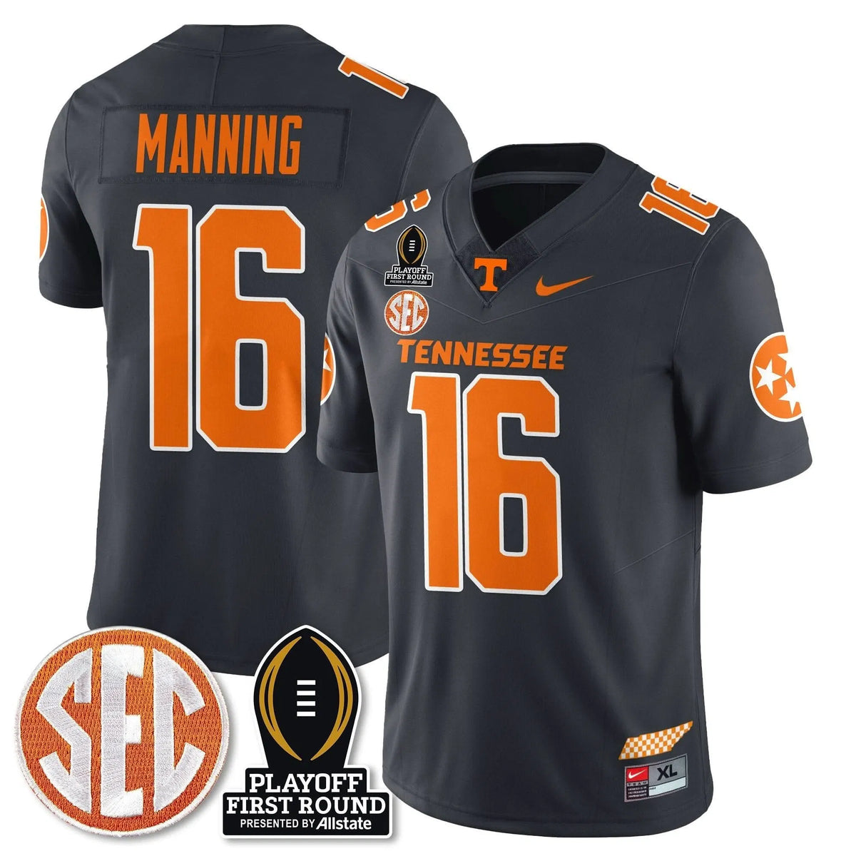 Personalized TV Football Jersey - Playoff First Round Patch - Peyton Manning / Smokey Grey Stitched