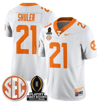 Personalized TV Football Jersey - Playoff First Round Patch - Navy Shuler / White Stitched