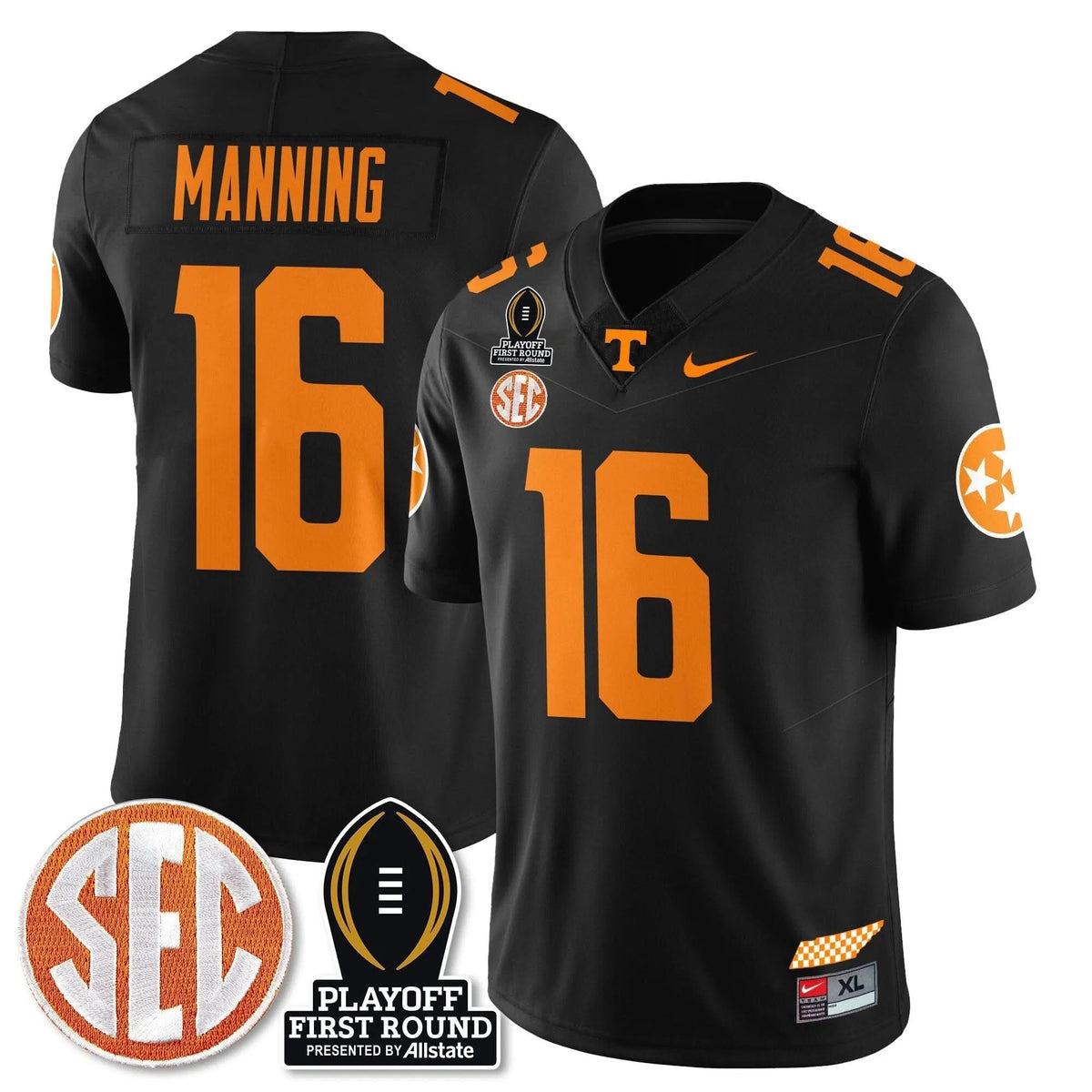Personalized TV Football Jersey - Playoff First Round Patch - Peyton Manning / Black Stitched