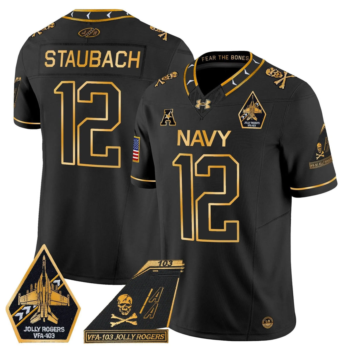 Personalized NM 2026 Jolly Rogers Patch Gold Vapor Limited Jersey - Black Gold / Roger Staubach Stitched