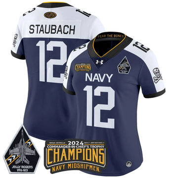 Personalized Women's NM 2026 Commander-In-Chief's Trophy Champions Patch Vapor Limited Jersey - Stitched - Navy Alternate / Roger Staubach Stitched
