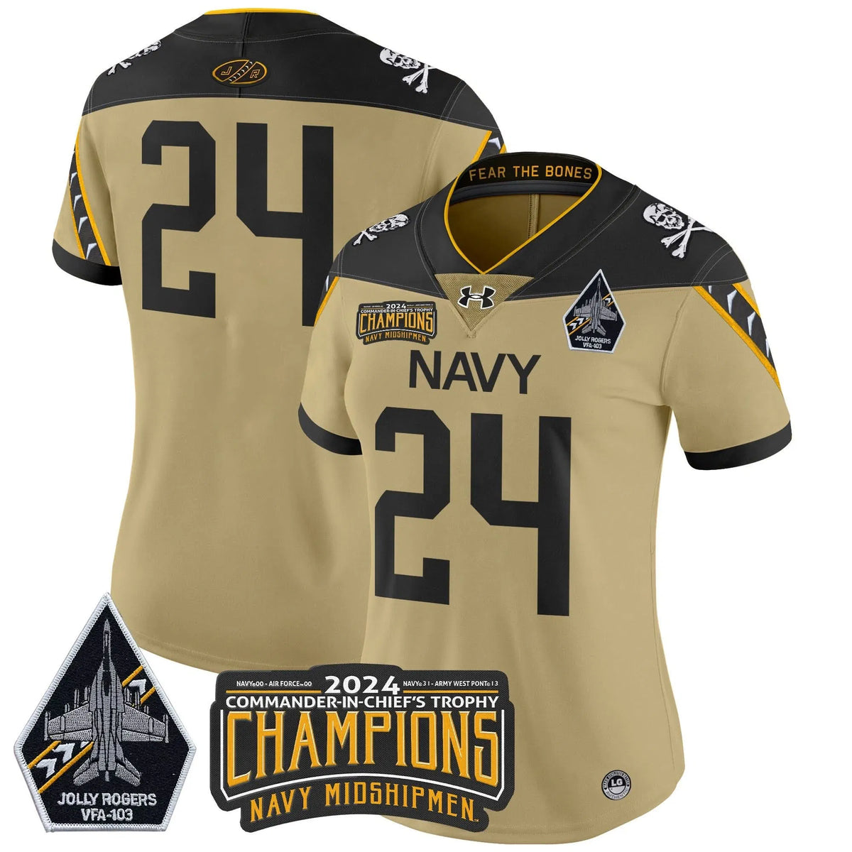 Personalized Women's NM 2026 Commander-In-Chief's Trophy Champions Patch Vapor Limited Jersey - Stitched - Gold / #24 Midshipmen Stitched