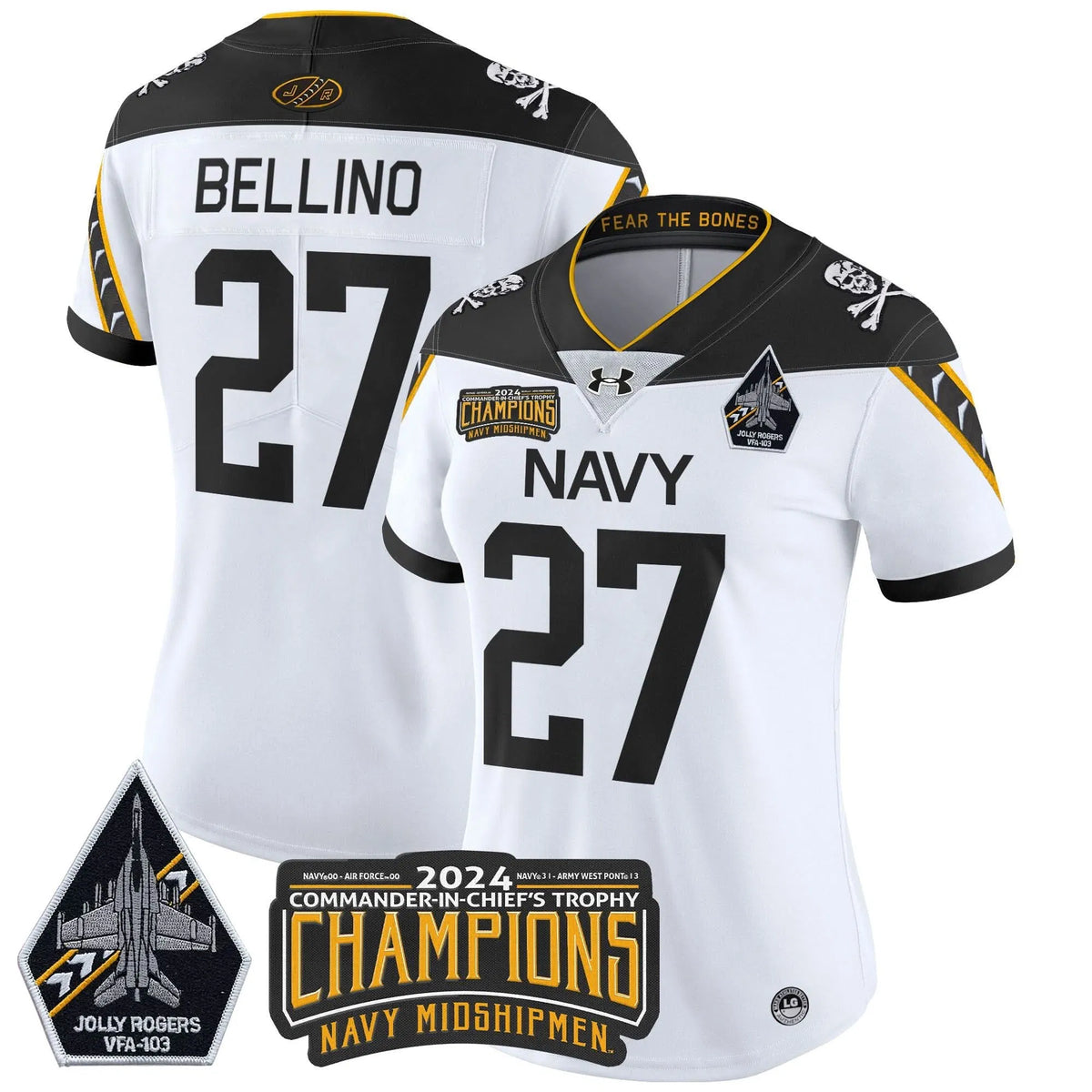Personalized Women's NM 2026 Commander-In-Chief's Trophy Champions Patch Vapor Limited Jersey - Stitched - White / Joe Bellino Stitched