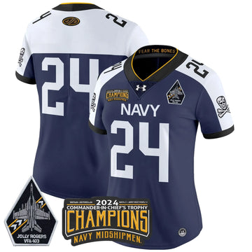 Personalized Women's NM 2026 Commander-In-Chief's Trophy Champions Patch Vapor Limited Jersey - Stitched - Navy Alternate / #24 Midshipmen Stitched