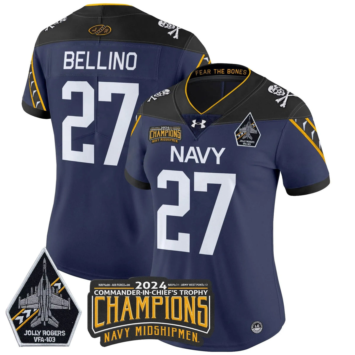 Personalized Women's NM 2026 Commander-In-Chief's Trophy Champions Patch Vapor Limited Jersey - Stitched - Navy / Joe Bellino Stitched