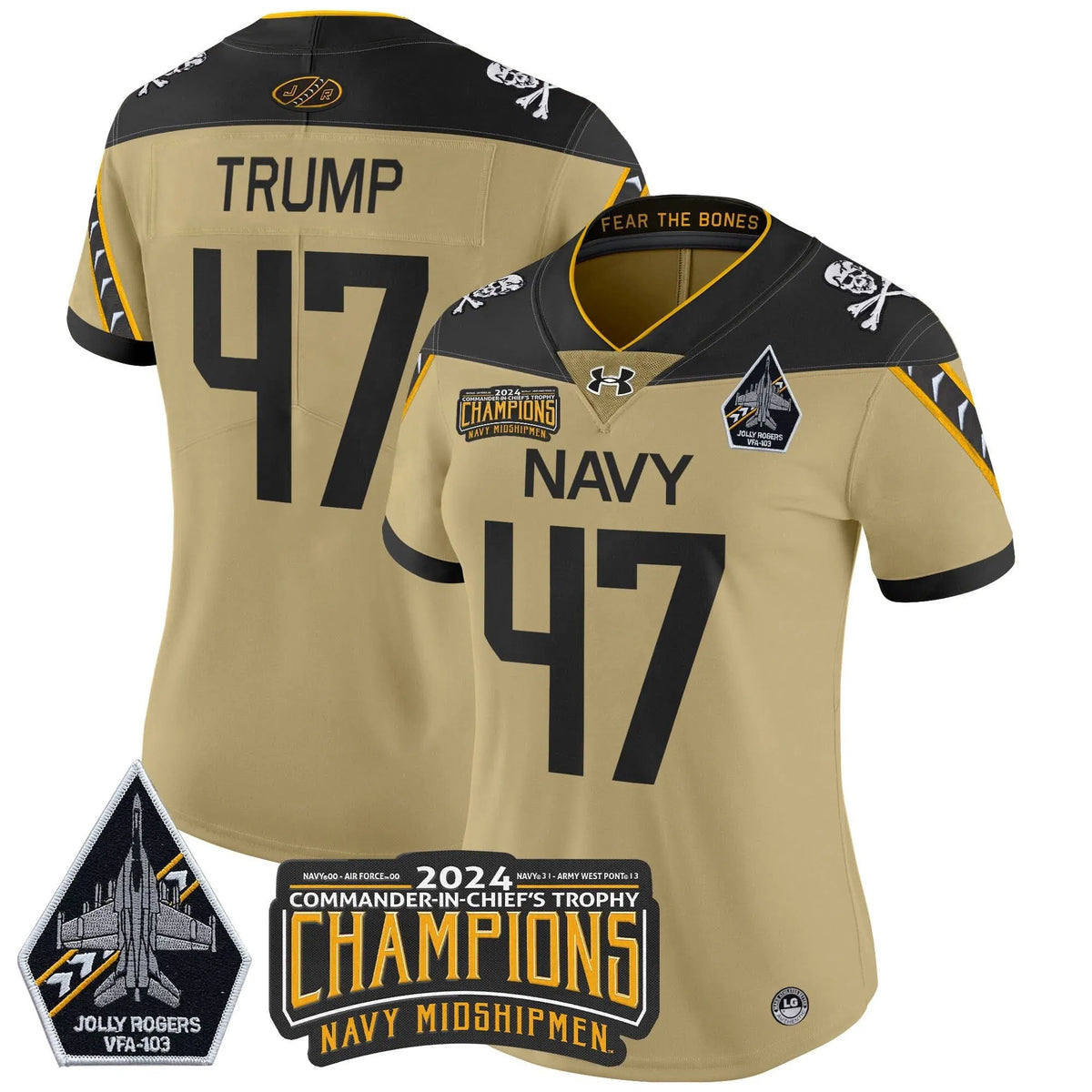Personalized Women's NM 2026 Commander-In-Chief's Trophy Champions Patch Vapor Limited Jersey - Stitched - Gold / Trump Stitched