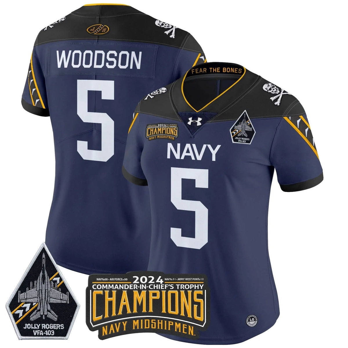 Personalized Women's NM 2026 Commander-In-Chief's Trophy Champions Patch Vapor Limited Jersey - Stitched - Navy / Braxton Woodson Stitched