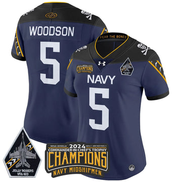 Personalized Women's NM 2026 Commander-In-Chief's Trophy Champions Patch Vapor Limited Jersey - Stitched - Navy / Braxton Woodson Stitched