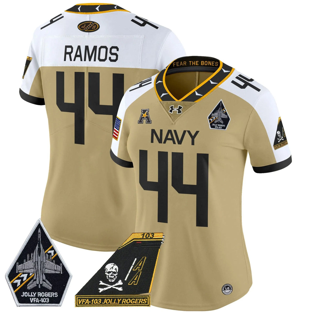 Personalized Women's NM 2026 Jolly Rogers Patch Vapor Limited Jersey - Stitched - Gold Alternate / Colin Ramos Stitched