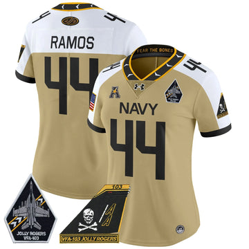 Personalized Women's NM 2026 Jolly Rogers Patch Vapor Limited Jersey - Stitched - Gold Alternate / Colin Ramos Stitched