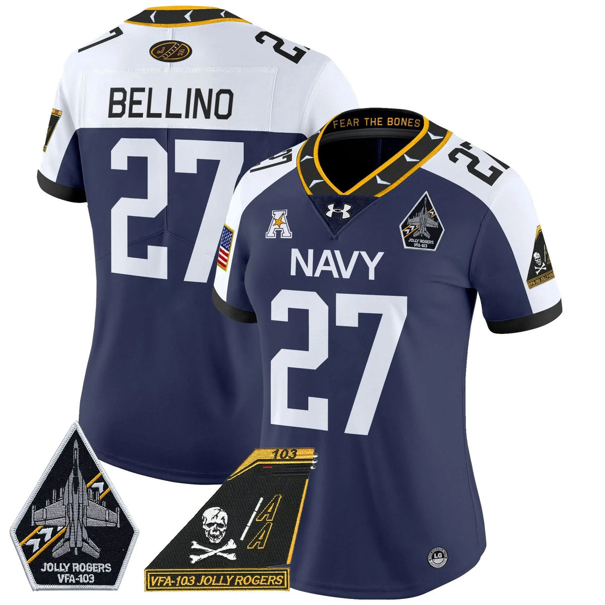 Personalized Women's NM 2026 Jolly Rogers Patch Vapor Limited Jersey - Stitched - Navy Alternate / Joe Bellino Stitched