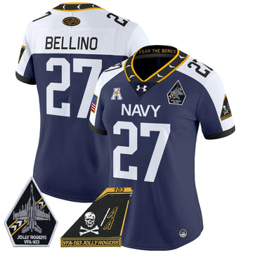 Personalized Women's NM 2026 Jolly Rogers Patch Vapor Limited Jersey - Stitched - Navy Alternate / Joe Bellino Stitched