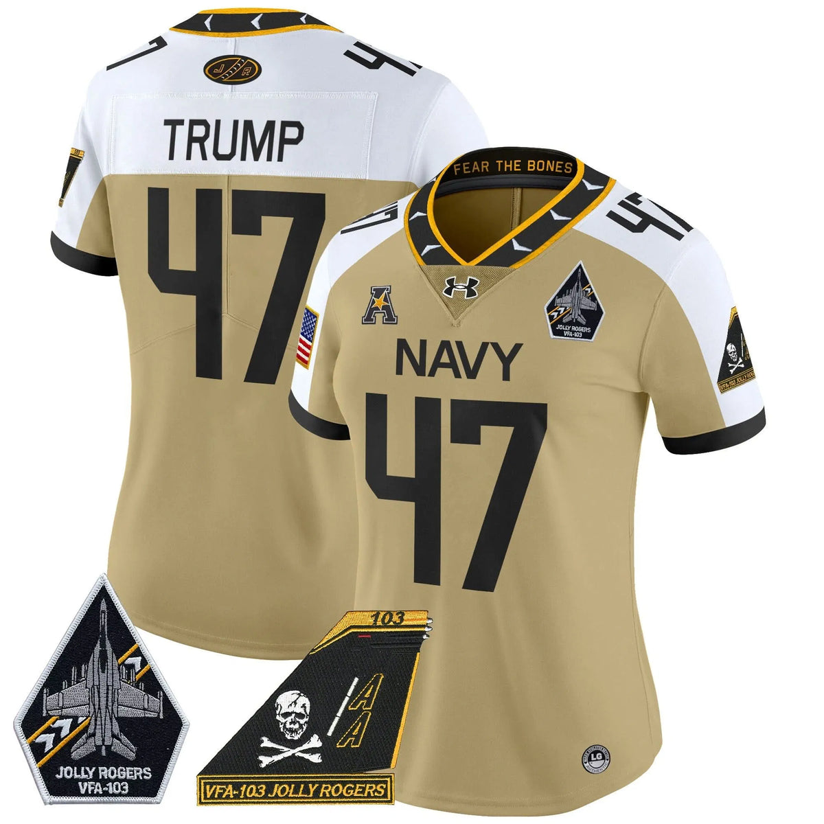 Personalized Women's NM 2026 Jolly Rogers Patch Vapor Limited Jersey - Stitched - Gold Alternate / Trump Stitched