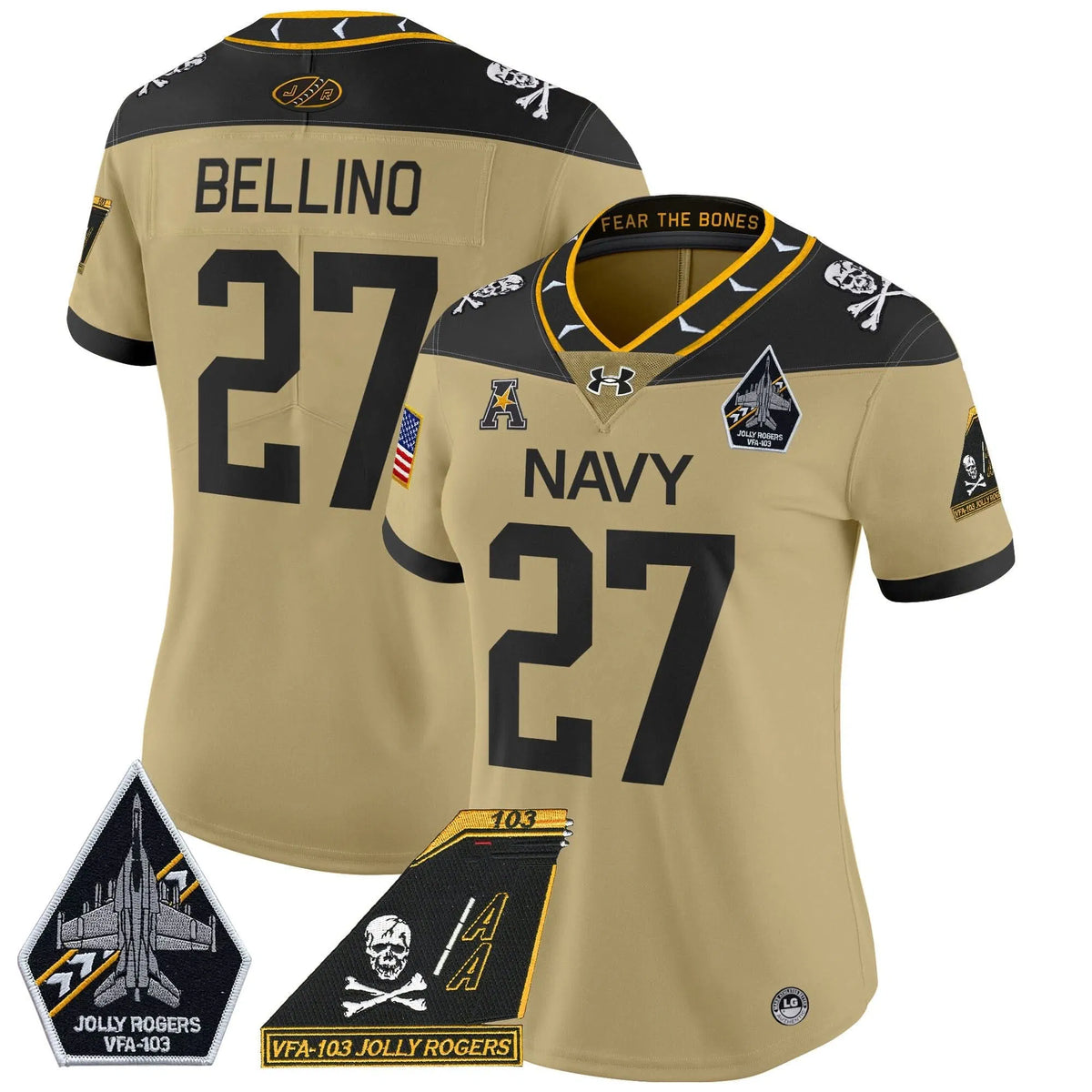 Personalized Women's NM 2026 Jolly Rogers Patch Vapor Limited Jersey - Stitched - Gold / Joe Bellino Stitched