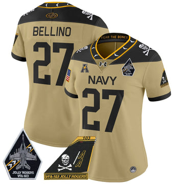 Personalized Women's NM 2026 Jolly Rogers Patch Vapor Limited Jersey - Stitched - Gold / Joe Bellino Stitched