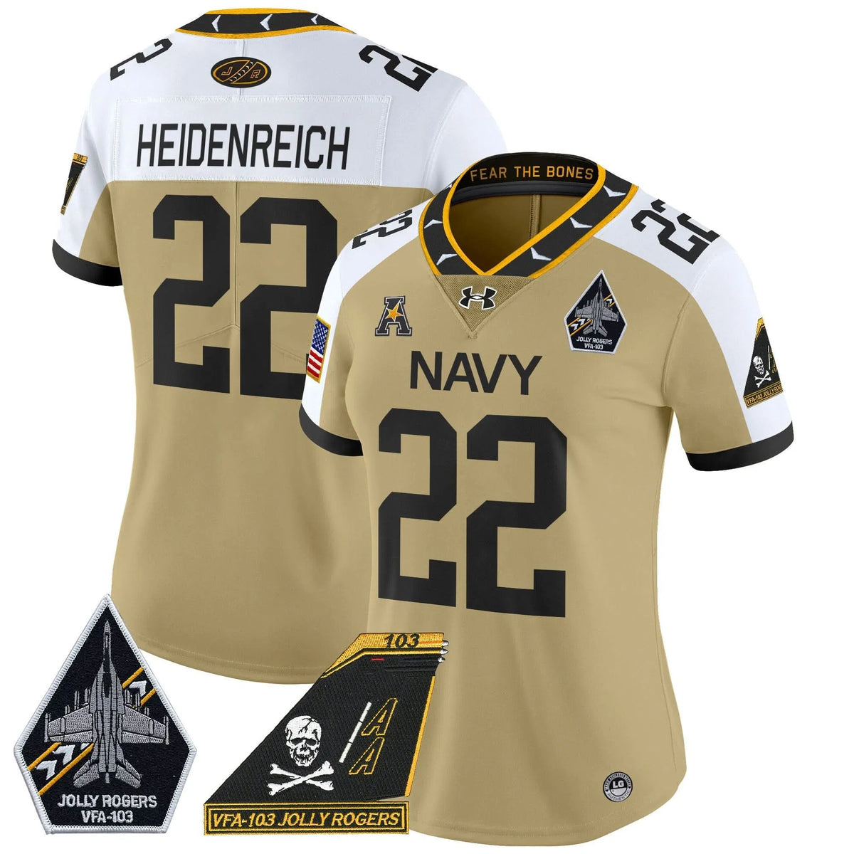Personalized Women's NM 2026 Jolly Rogers Patch Vapor Limited Jersey - Stitched - Gold Alternate / Eli Heidenreich Stitched