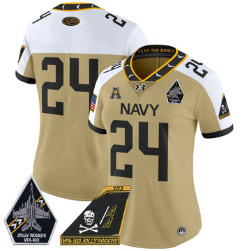 Personalized Women's NM 2026 Jolly Rogers Patch Vapor Limited Jersey - Stitched - Gold Alternate / #24 Midshipmen Stitched