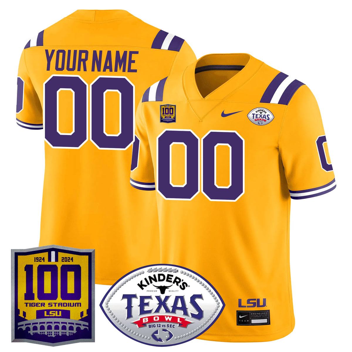 Personalized LSU 100 Years of Tiger Stadium & Texas Bowl Patch Vapor Limited Custom Jersey - Gold Stitched