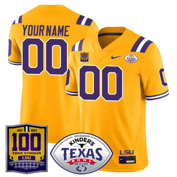 Personalized LSU 100 Years of Tiger Stadium & Texas Bowl Patch Vapor Limited Custom Jersey - Gold Stitched