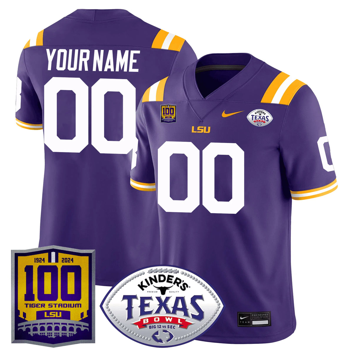 Personalized LSU 100 Years of Tiger Stadium & Texas Bowl Patch Vapor Limited Custom Jersey - Purple Stitched