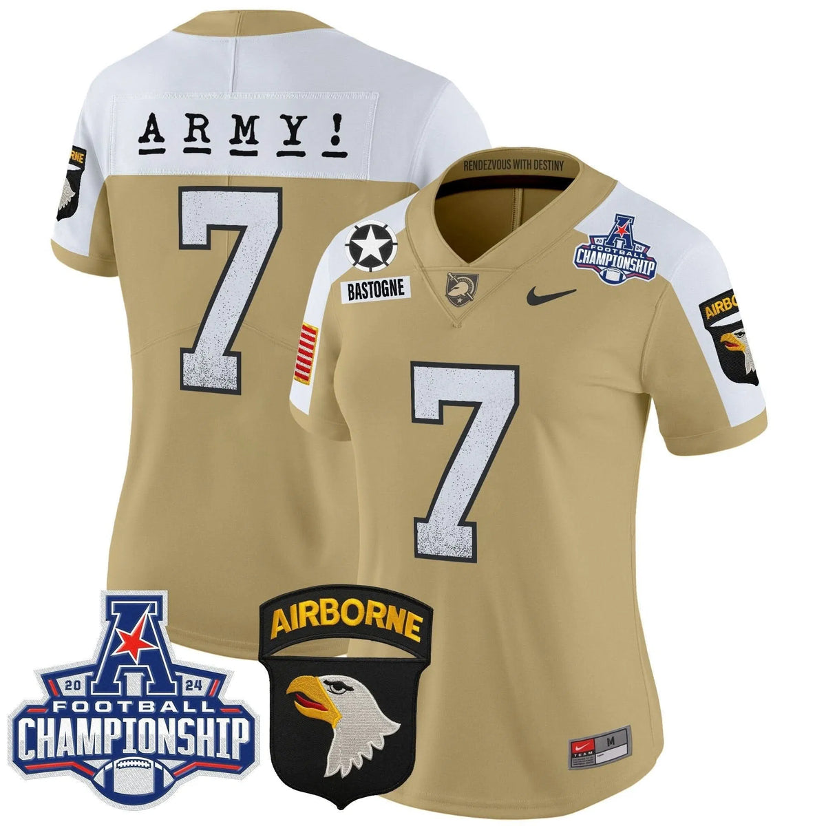 Personalized Women's ABK 2026 AAC Championship Patch Vapor Limited Jersey - Stitched - Tan Alternate / #7 Bastogne Stitched