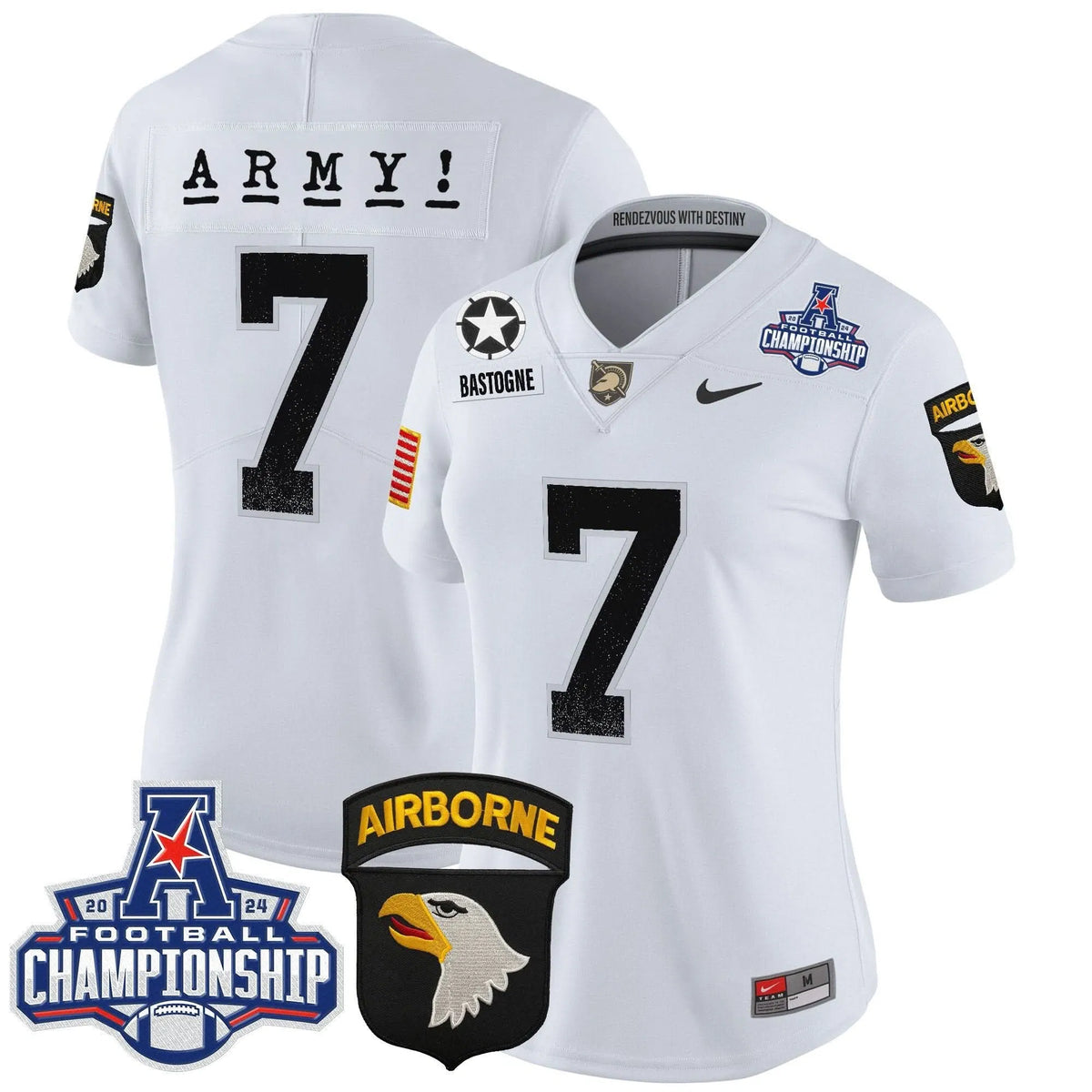 Personalized Women's ABK 2026 AAC Championship Patch Vapor Limited Jersey - Stitched - White / #7 Bastogne Stitched