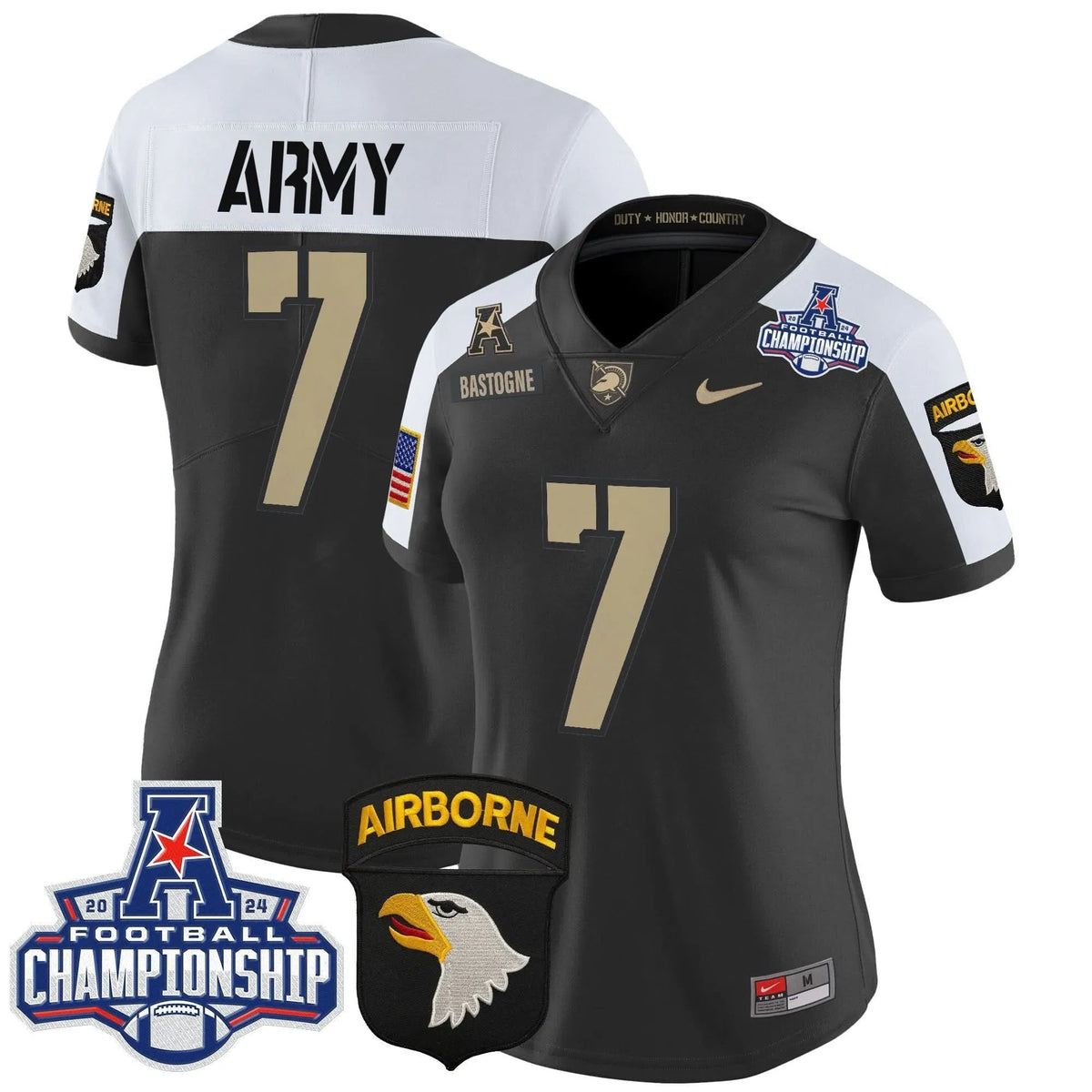 Personalized Women's ABK 2026 AAC Championship Patch Vapor Limited Jersey V2 - Stitched - Black Alternate / #7 Bastogne Stitched