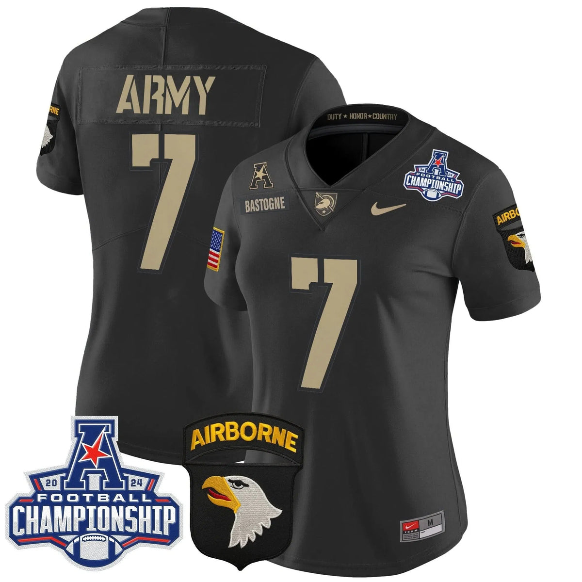 Personalized Women's ABK 2026 AAC Championship Patch Vapor Limited Jersey V2 - Stitched - Black / #7 Bastogne Stitched