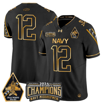 Personalized NM 2026 Commander-In-Chief's Trophy Champions Patch Gold Vapor Limited Jersey - Black Gold / 12th Man Stitched