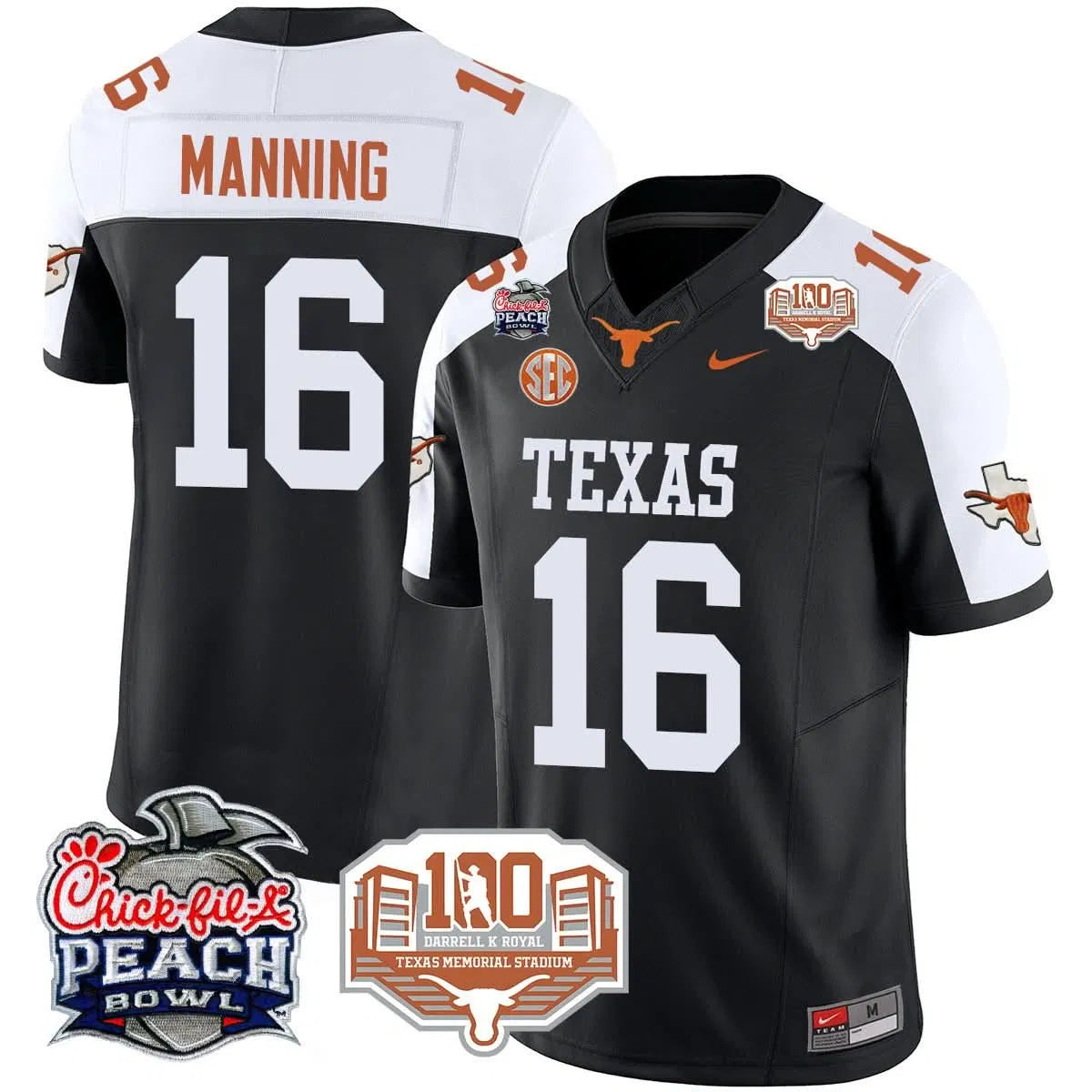 Personalized TL 2026 Chick-fil-A Peach Bowl Jersey - Arch Manning - 16 / Black Alternate Stitched
