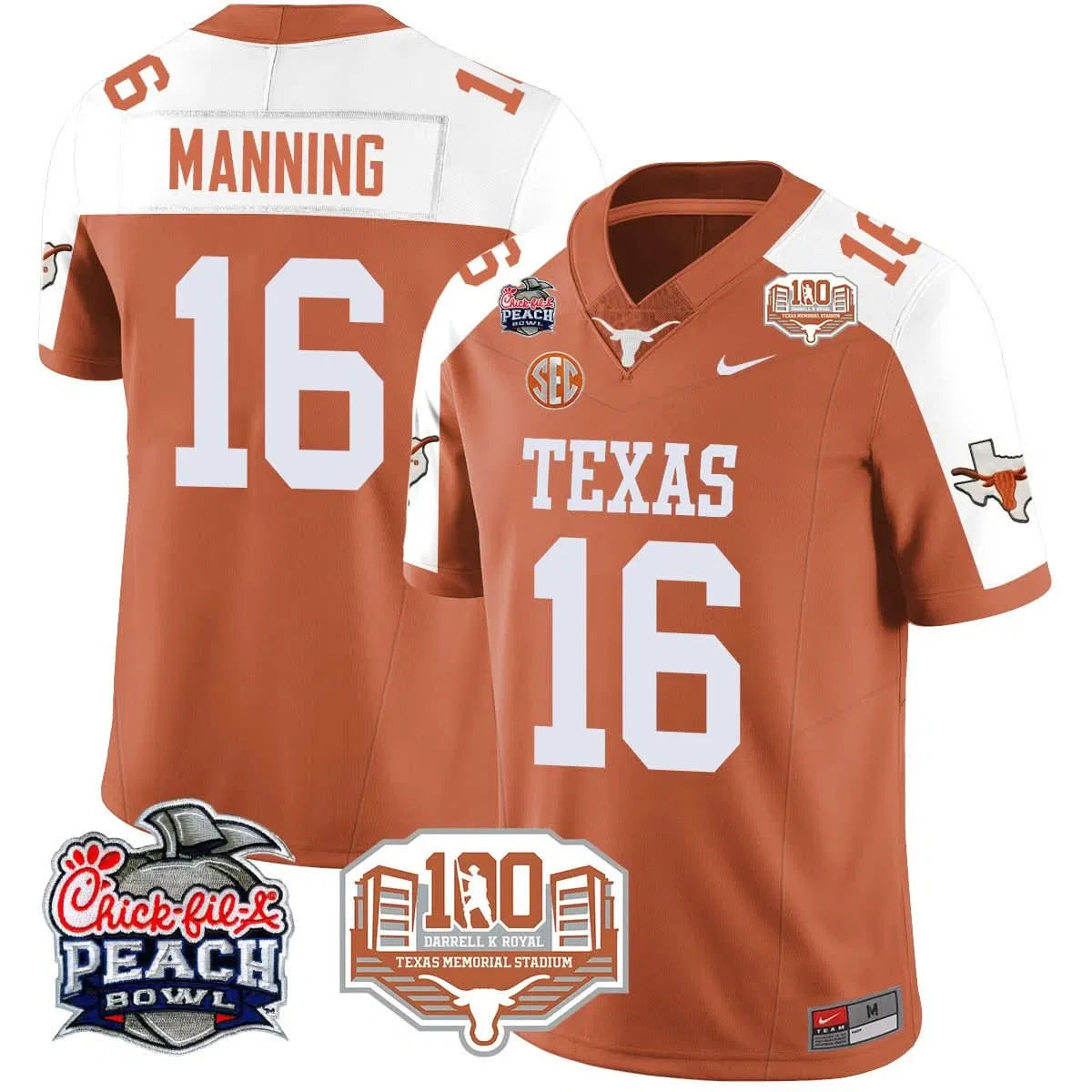 Personalized TL 2026 Chick-fil-A Peach Bowl Jersey - Arch Manning - 16 / Orange Alternate Stitched
