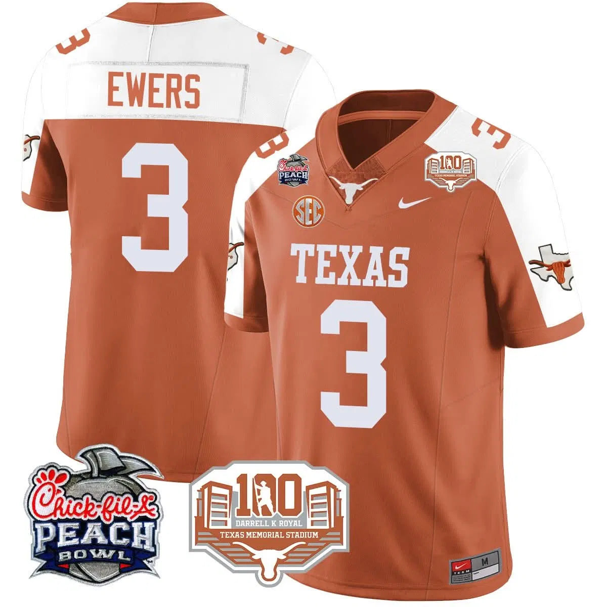 Personalized TL 2026 Chick-fil-A Peach Bowl Jersey - Quinn Ewers - 3 / Orange Alternate Stitched