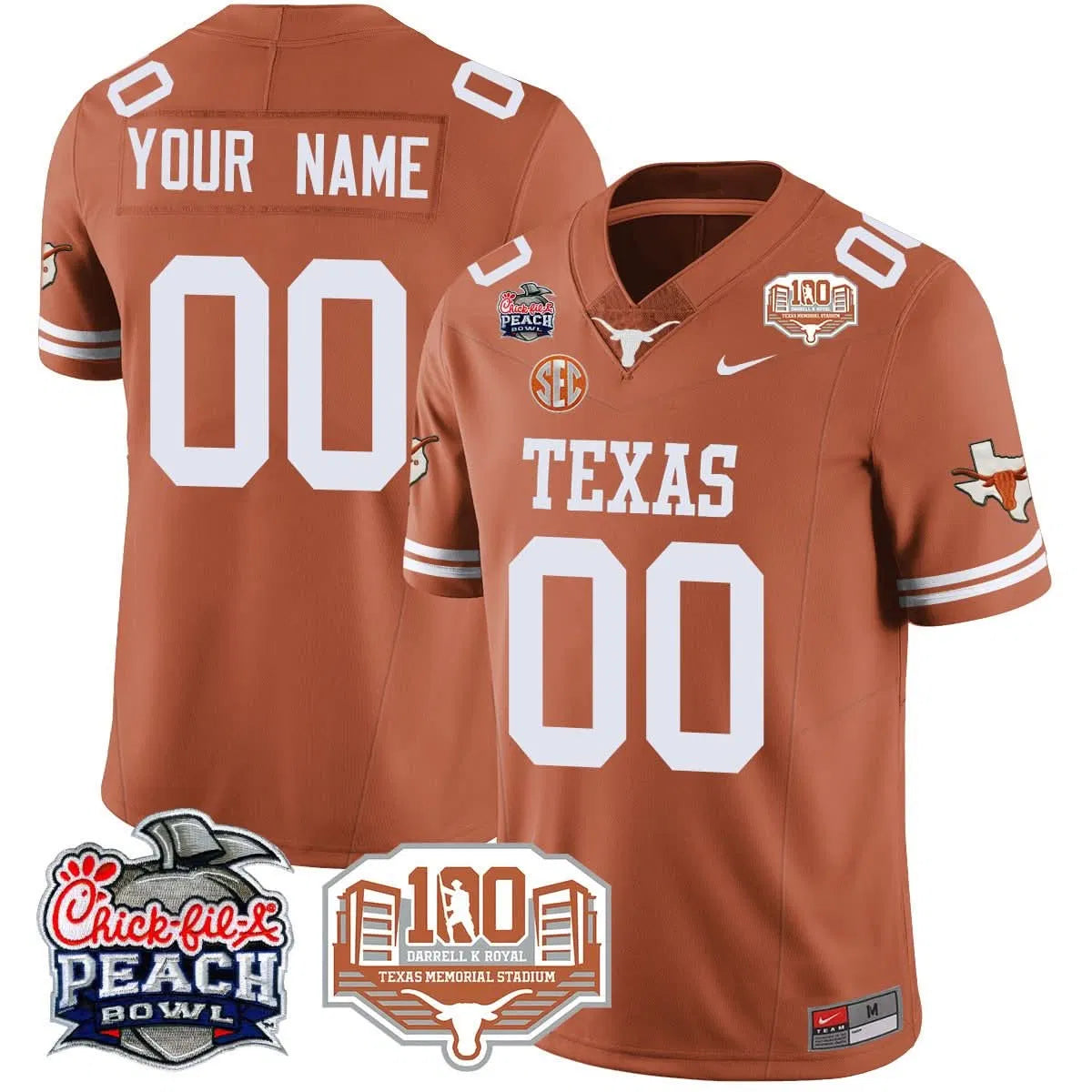 Personalized Custom TL 2026 Chick-fil-A Peach Bowl Jersey - Texas Orange Stitched