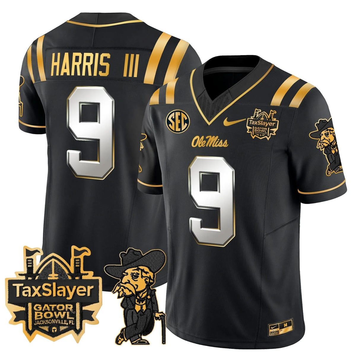 Personalized OMB 2026 Gator Bowl Patch Gold Vapor Limited Jersey - Black Limited / Tre Harris Stitched