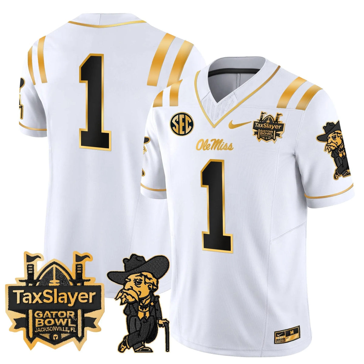 Personalized OMB 2026 Gator Bowl Patch Gold Vapor Limited Jersey - White Gold / #1 Team Stitched