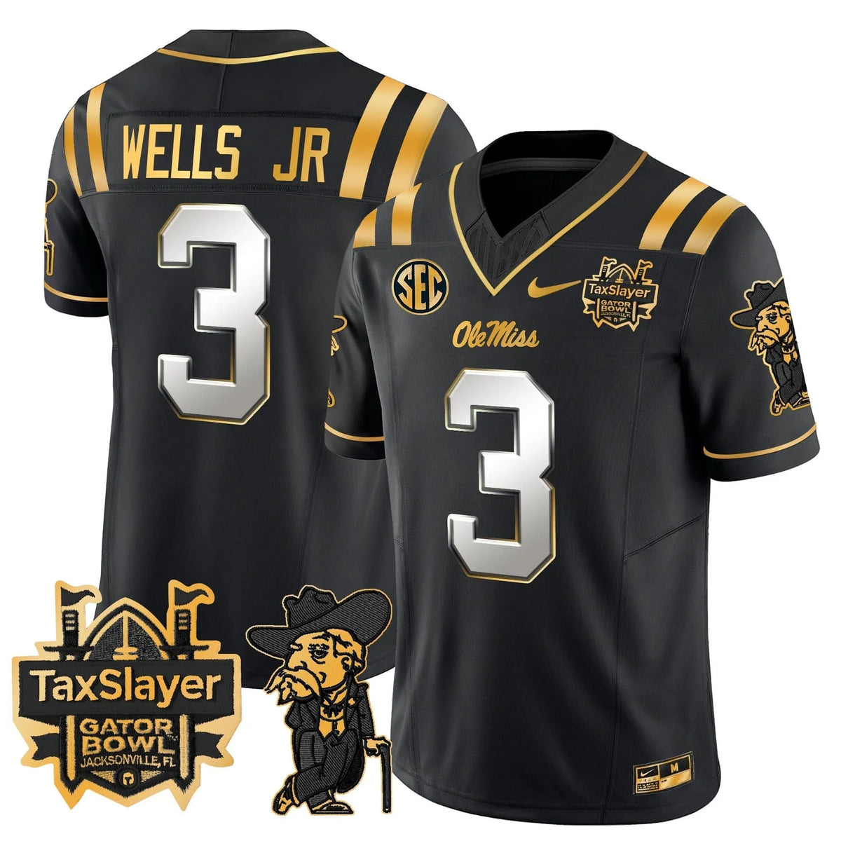 Personalized OMB 2026 Gator Bowl Patch Gold Vapor Limited Jersey - Black Limited / Antwane Wells Jr. Stitched