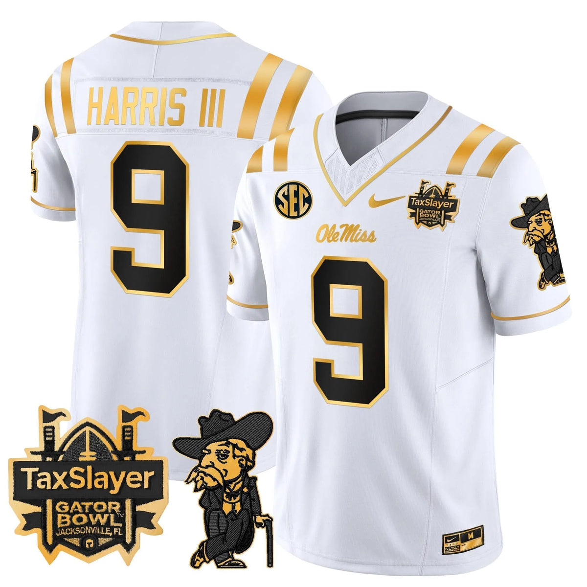 Personalized OMB 2026 Gator Bowl Patch Gold Vapor Limited Jersey - White Gold / Tre Harris Stitched