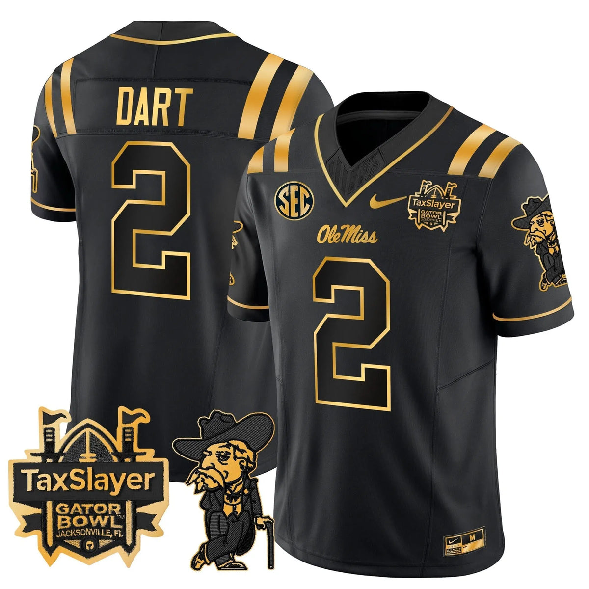 Personalized OMB 2026 Gator Bowl Patch Gold Vapor Limited Jersey - Black Gold / Jaxson Dart Stitched