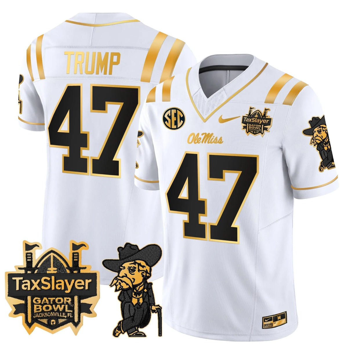 Personalized OMB 2026 Gator Bowl Patch Gold Vapor Limited Jersey - White Gold / Trump Stitched