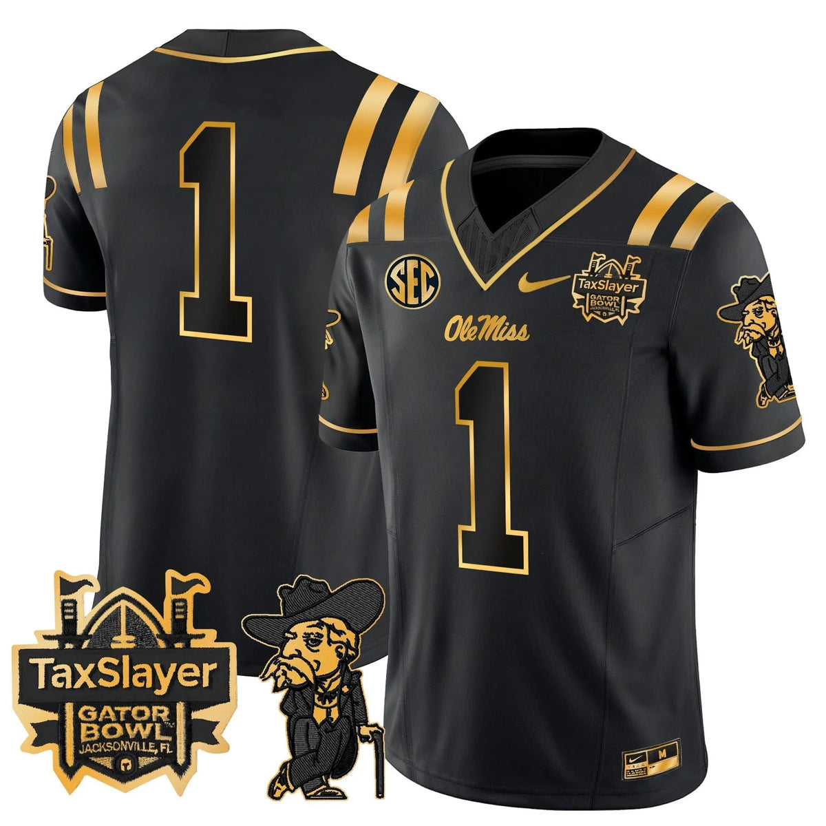 Personalized OMB 2026 Gator Bowl Patch Gold Vapor Limited Jersey - Black Gold / #1 Team Stitched