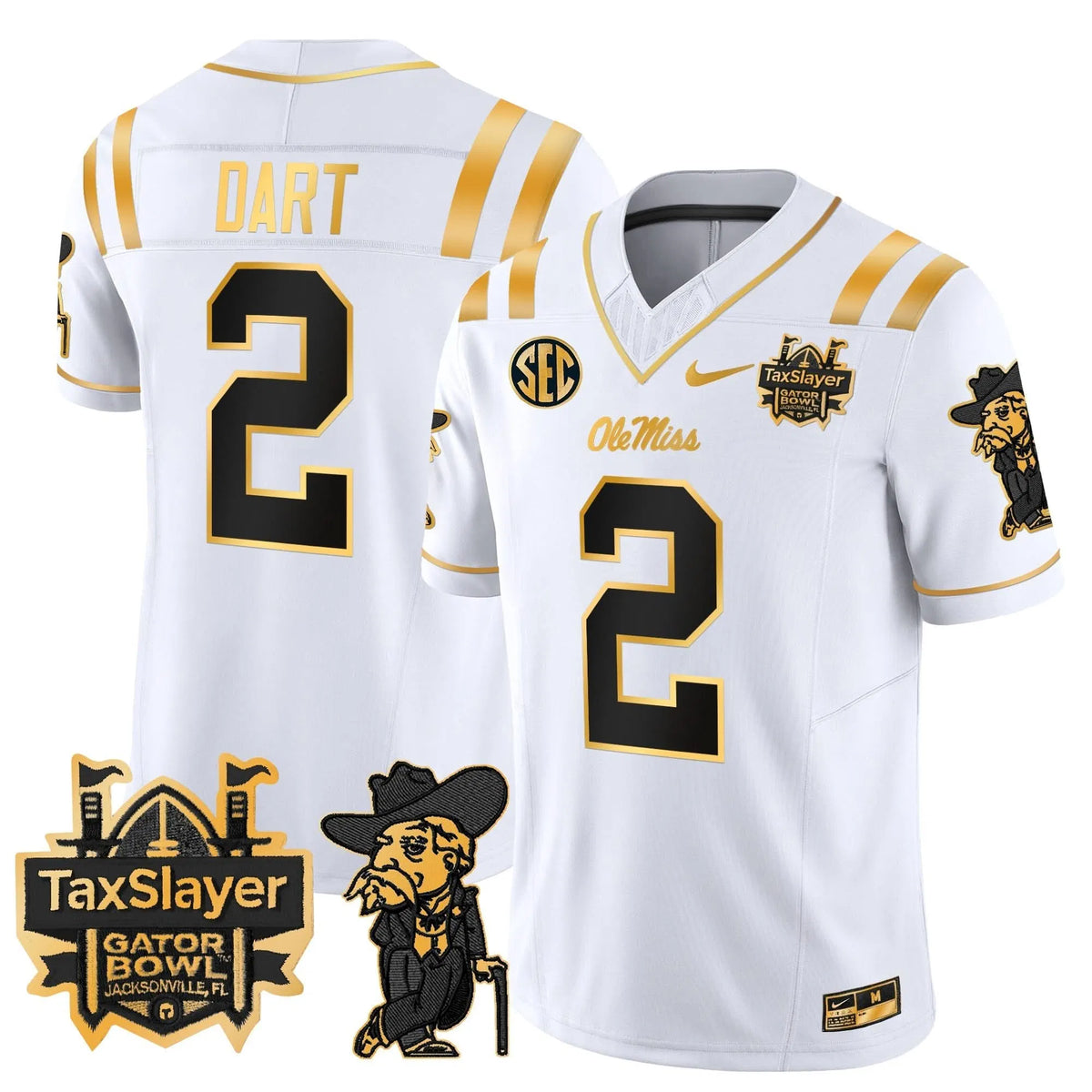 Personalized OMB 2026 Gator Bowl Patch Gold Vapor Limited Jersey - White Gold / Jaxson Dart Stitched