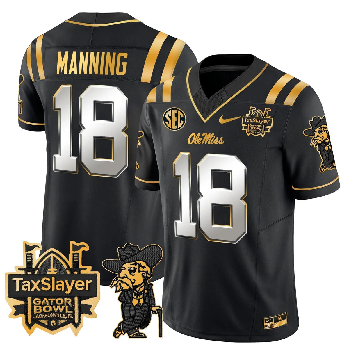 Personalized OMB 2026 Gator Bowl Patch Gold Vapor Limited Jersey - Black Limited / Archie Manning Stitched