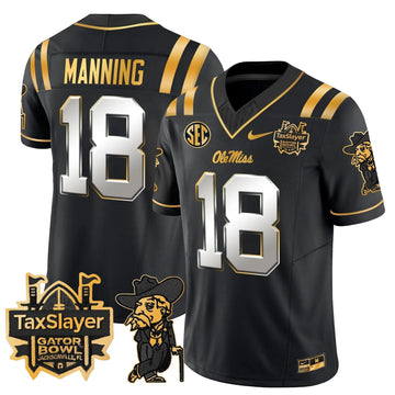 Personalized OMB 2026 Gator Bowl Patch Gold Vapor Limited Jersey - Black Limited / Archie Manning Stitched