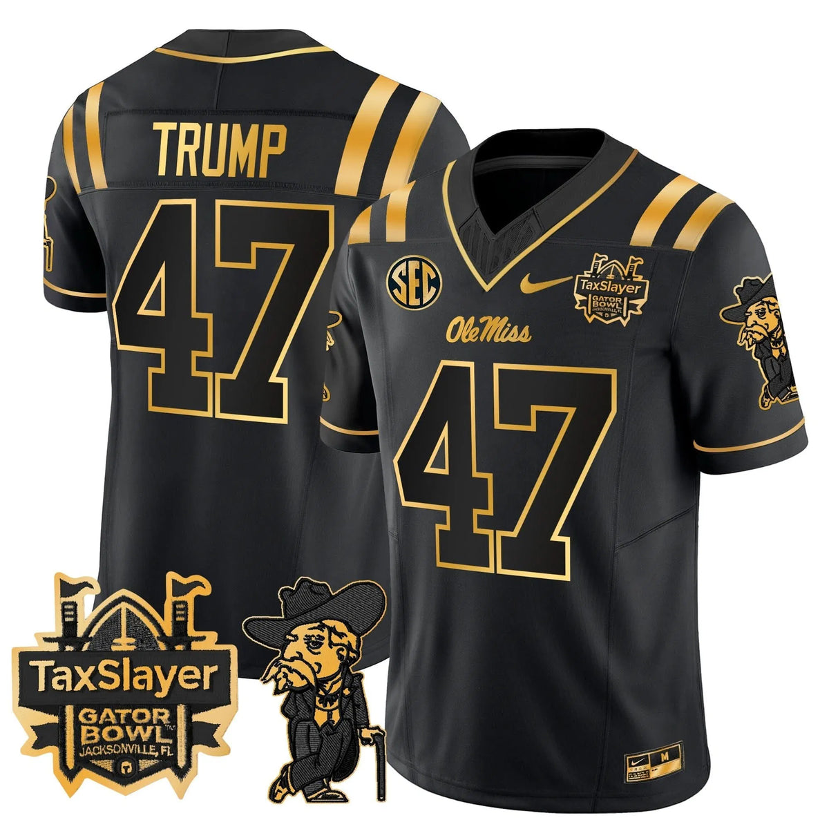Personalized OMB 2026 Gator Bowl Patch Gold Vapor Limited Jersey - Black Gold / Trump Stitched